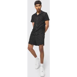 👉 Badstoffen Geo Print Overhemd Met Korte Mouwen En Shorts, Black