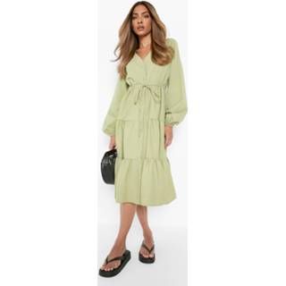 👉 Blousejurk olijfgroen Midi Blouse Jurk Met Laagjes En Ceintuur, Olive