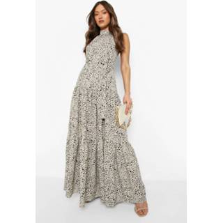 👉 Dalmatiërprint Maxi Jurk Met Ceintuur En Ruches, Cream