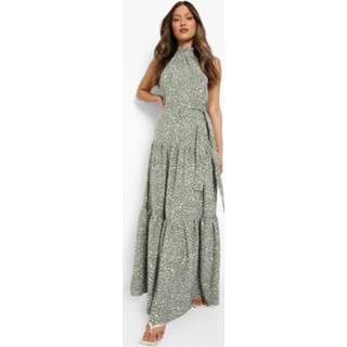 👉 Dalmatiërprint Maxi Jurk Met Ceintuur En Ruches, Sage