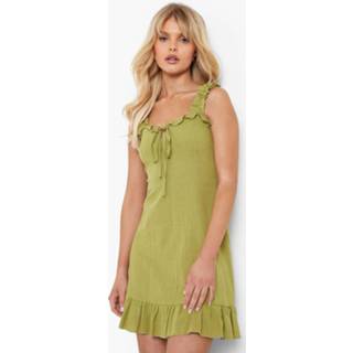 👉 Mini Skater Jurk Met Geplooide Bandjes, Olive