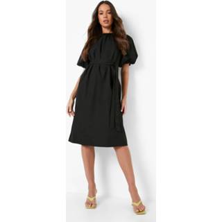 👉 Poplin Midi Skater Jurk Met Ceintuur, Black