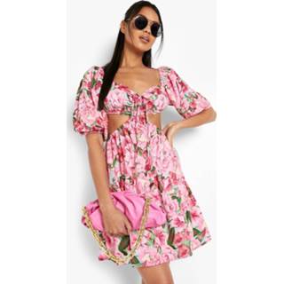 👉 Cut Out Bloemen Skater Jurk, Pink