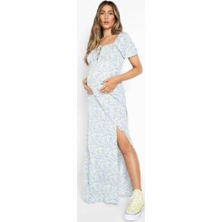 Zwangerschap Bloemen Maxi Jurk Met Strik, Blue Zwangerschap Bloemen Maxi Jurk Met Strik, Blue