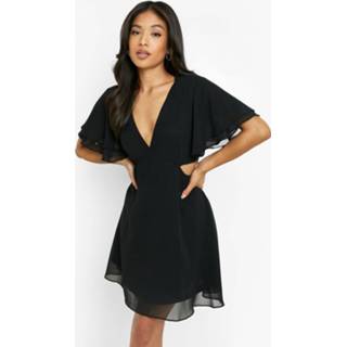 👉 Petite Skater Jurk Met V-Hals En Engelenmouwen, Black