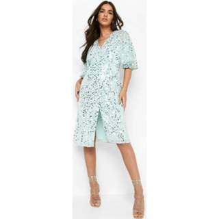 👉 Midi jurk Met Pailletten, Laag Decolleté En Ceintuur, Mint