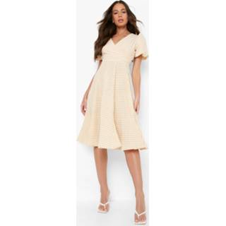 👉 Geruite Midi Skater Jurk Met Pofmouwen, Stone