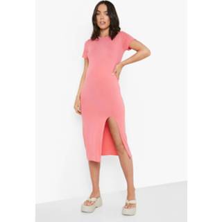 👉 Zwangerschap Bodycon Midi Jurk Met Zijsplit, Coral