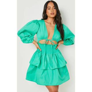 👉 Petite Geplooide Katoenen Skater Jurk Met Ruches, Green