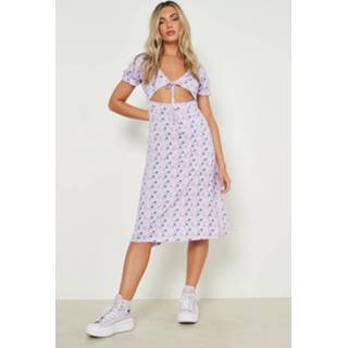 👉 Cut Out Bloemen Midi Jurk Met Pofmouwen, Lilac