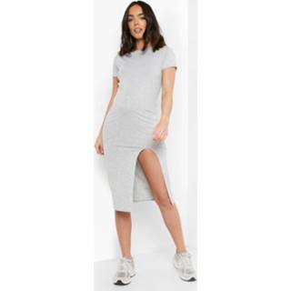 👉 Zwangerschap Bodycon Midi Jurk Met Zijsplit, Grey Marl