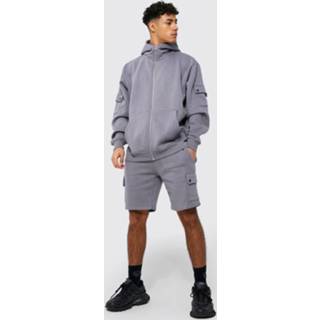 👉 Oversized Cargo Trainingspak Met Hoge Kraag, Capuchon En Shorts, Charcoal