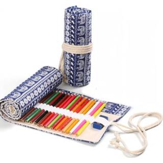 👉 Gordijn canvas active jongens meisjes 2 stks 48 gaten handgemaakte pen groot-capaciteit potlood case voor en kleurpotlood schets briefpapier doos (olifant)