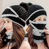 👉 Sjaal zwart active vrouwen 3 in 1 vrouwelijke winter tweekleurige warme wollen cap masker en sjaal, grootte: gratis grootte (donker zwart)