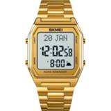 👉 Kalender wit goud active SKMEI 1763 Qibla Timing Multifunctionele LED Digitale Display Roestvrijstalen band Lichtgevend elektronisch horloge (goud en wit)