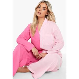 👉 Plus Gesplitste Lange Pyjama Set Met Broek, Pink