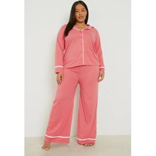 👉 Plus Jersey Pyjama Set Met Lange Mouwen En Knopen, Hot Pink