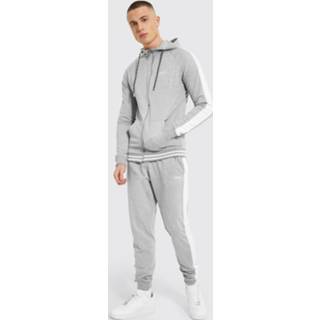 👉 Man Geribbeld Gestreept Muscle Fit Trainingspak, Grey Marl