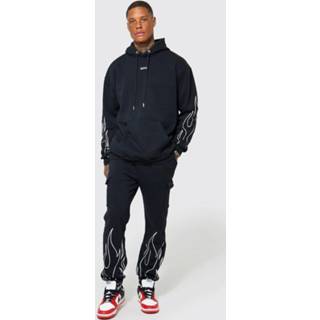 👉 Oversized Cargo Man Trainingspak Met Capuchon En Vlammen, Black