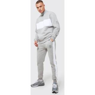 👉 Oversized Colour Block Man Trainingspak Met Korte Rits, Grey Marl