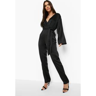 👉 Satijnen Toelopende Wikkel Jumpsuit, Black