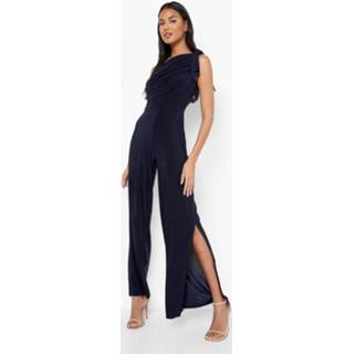 👉 Strakke Wide Leg Jumpsuit Met Asymmetrische Hals, Navy