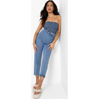 👉 Geplooid Denim Bandeau Jumpsuit Met Ceintuur, Mid Blue