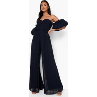 👉 Geplooide Wide Leg Jumpsuit Met Pofmouwen En Uitgesneden Hals, Navy