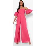 👉 Geplooide Wide Leg Jumpsuit Met Pofmouwen En Uitgesneden Hals, Hot Pink