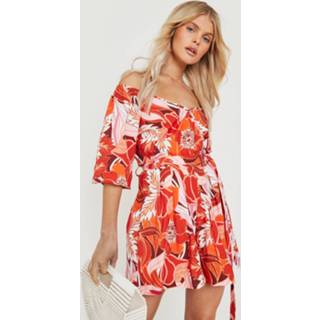 👉 Geweven Bardot Bloemen Wikkel Romper Met Ceintuur, Red