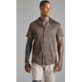 👉 Short Sleeve Revere Ribbed Curved Hem Shirt, Chocolate