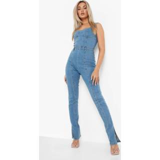 👉 Stretch Denim Jumpsuit Met Cup Detail En Split, Mid Blue