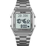 👉 Kalender wit staal zilver active SKMEI 1763 Qibla Timing Multifunctionele LED Digitale Display Roestvrij Lichtgevend Elektronisch Horloge (zilver en wit)