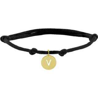 👉 Letterhanger zwarte gouden one-size-fits-all active Knooparmband met 14K Ronde Letter Hanger V