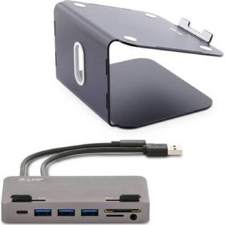 👉 LMP - Ergonomische laptop standaard + aansluitbare USB-C Hub - Laptophouder - Geschikt voor 12 tot 17 inch - Aluminium - Zwart