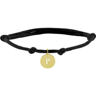 👉 Letterhanger zwarte gouden one-size-fits-all active Knooparmband met 14K Ronde Letter Hanger P