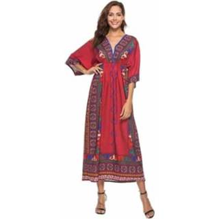 👉 Lange rok rood l active Bohemian retro etnische stijl bedrukte jurk Maldiven strandstrandrok (kleur: maat: L)
