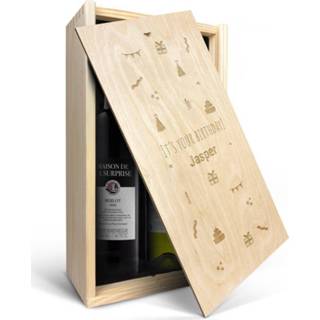 👉 Wijnpakket in gegraveerde kist - Maison de la Surprise - Merlot en Sauvignon Blanc