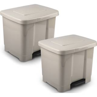 👉 Afvalemmer 2x Stuks dubbele/2-vaks afvalemmer/vuilnisemmer taupe 35 liter met deksel en pedaal