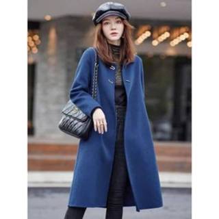 👉 Wollen jas blauw l active vrouwen Winter Solid Color Dubbelzijdige Mid-Lengte Losse voor (Kleur: Maat: L)