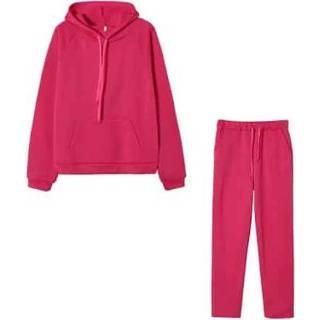 👉 Sweatshirt rood rose XXL active vrouwen 2 in 1 Lente Herfst Effen Kleur Big Pocket Hooded Set voor Dames (Kleur: Grootte: XXL)