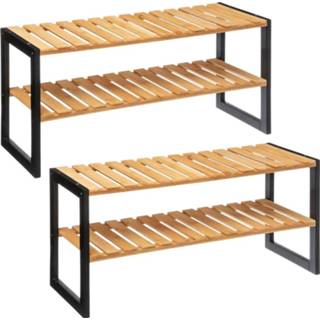 👉 Schoenenrek zwart bamboe metaal 2x Stuks schoenenrek/schoenenkast zwart/naturel 70 x 34,5 cm van bamboe/metaal