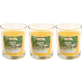 👉 Tafelkaartje geel wax 3x stuks citronella glazen tafelkaarsen 7 x 8 cm