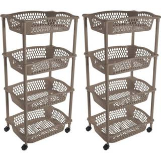 👉 Trolley beige taupe kunststof mannen 2x stuks keuken opberg trolleys/roltafels met 4 manden 86 cm taupe/beige