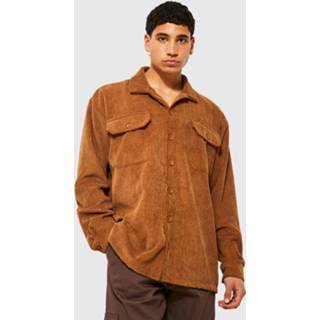Oversized Corduroy Utility Overhemd Met Geweven Label, Chocolate