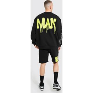 👉 Oversized Schedel Print Trainingspak Met Shorts En Vlammen, Black