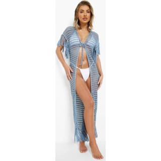👉 Gehaakte Gerafelde Maxi Strand Cover Up Met Kwastjes En Strik, Ice Blue