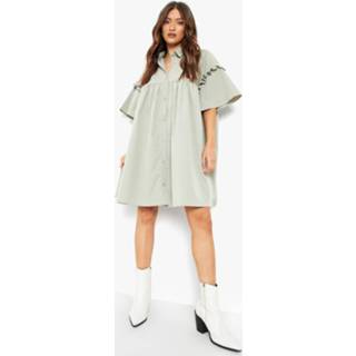 👉 Tall Gesmokte Mini Jurk Met Pofmouwen En Knopen, Sage