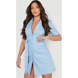 Tall Chambray Blazer Jurk Met Ceintuur, Light Blue