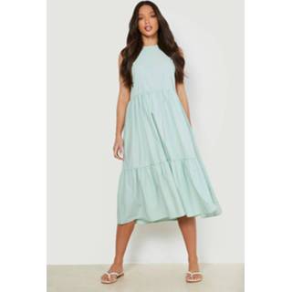 👉 Tall Gesmokte Katoenen Midi Jurk Met Laagjes, Sage